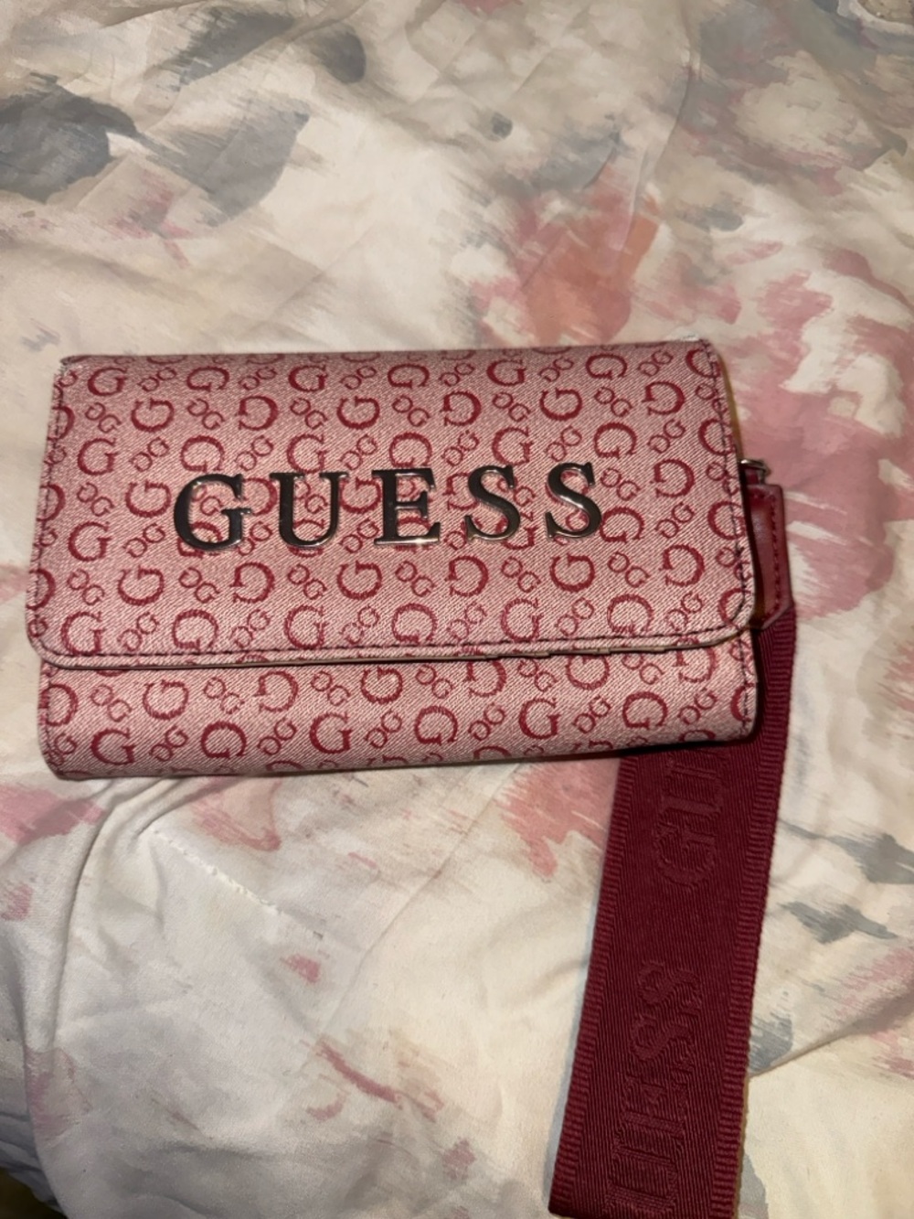 GUESS Pink Logo Print Wristlet Clutch